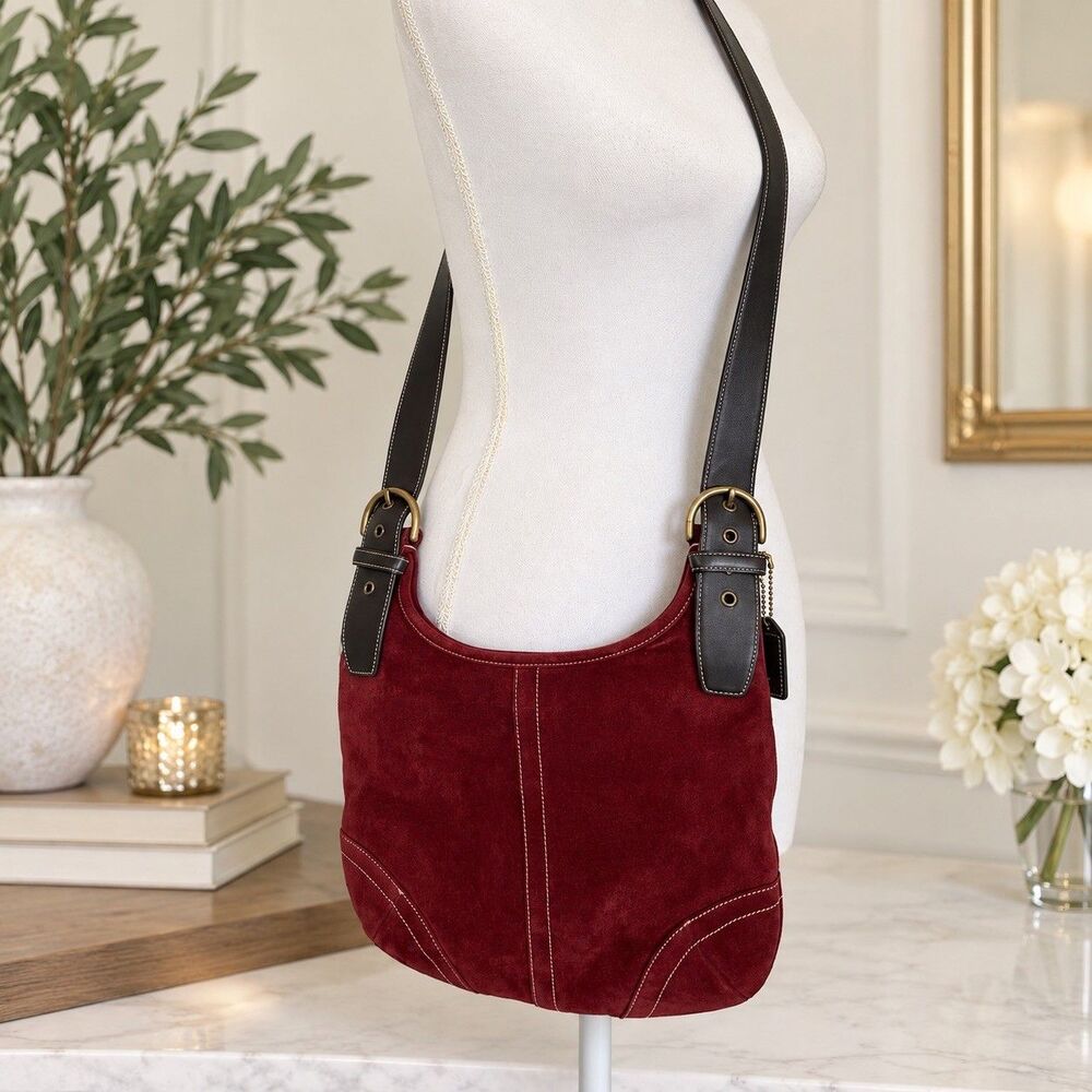 Vintage COACH Burgundy Suede Soho Ergo Hobo Bag Brown Leather Trim Y2K